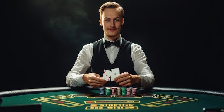 Live dealer calling Sic Bo result with dice visible